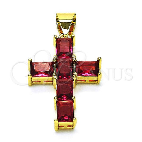 Oro Laminado Religious Pendant, Gold Filled Style Cross Design, with Ruby Cubic Zirconia, Polished, Golden Finish, 05.342.0184.1