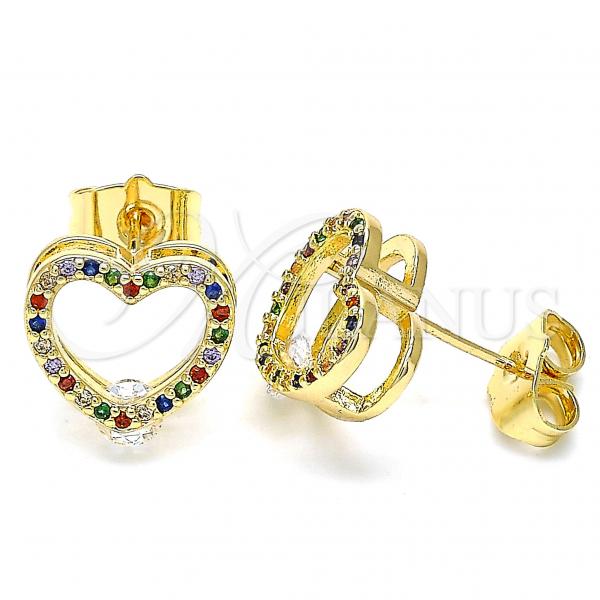 Oro Laminado Stud Earring, Gold Filled Style Heart Design, with Multicolor Micro Pave, Polished, Golden Finish, 02.94.0093.2