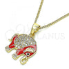 Oro Laminado Pendant Necklace, Gold Filled Style Elephant Design, with White Micro Pave, Red Enamel Finish, Golden Finish, 04.210.0054.20