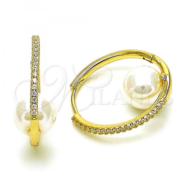 Oro Laminado Huggie Hoop, Gold Filled Style with White Crystal and Ivory Pearl, Polished, Golden Finish, 02.213.0515.25