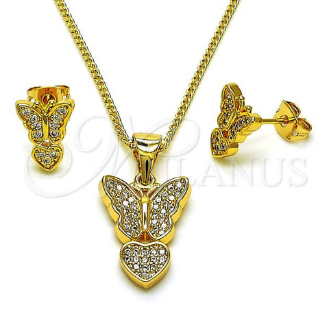 Oro Laminado Earring and Pendant Adult Set, Gold Filled Style Butterfly and Heart Design, with White Micro Pave, Polished, Golden Finish, 10.342.0134