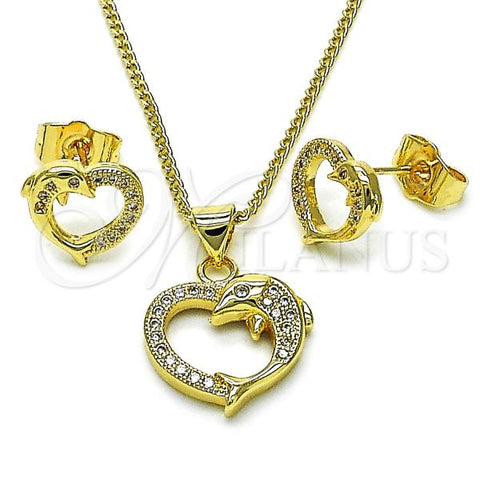 Oro Laminado Earring and Pendant Adult Set, Gold Filled Style Heart and Dolphin Design, with White Micro Pave, Polished, Golden Finish, 10.156.0483