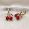 Oro Laminado Dangle Earring, Gold Filled Style Cherry Design, with White Micro Pave, Red Enamel Finish, Golden Finish, 02.417.0006