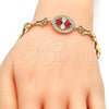 Oro Laminado Fancy Bracelet, Gold Filled Style Flower Design, with Ruby and White Cubic Zirconia, Polished, Golden Finish, 03.210.0044.4.08