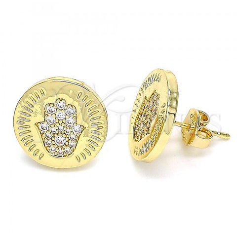 Oro Laminado Stud Earring, Gold Filled Style Hand of God Design, with White Micro Pave, Polished, Golden Finish, 02.156.0445