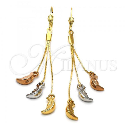 Oro Laminado Long Earring, Gold Filled Style Moon Design, Diamond Cutting Finish, Tricolor, 5.112.004