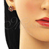 Oro Laminado Stud Earring, Gold Filled Style Flower Design, with Garnet and White Cubic Zirconia, Polished, Golden Finish, 02.346.0015