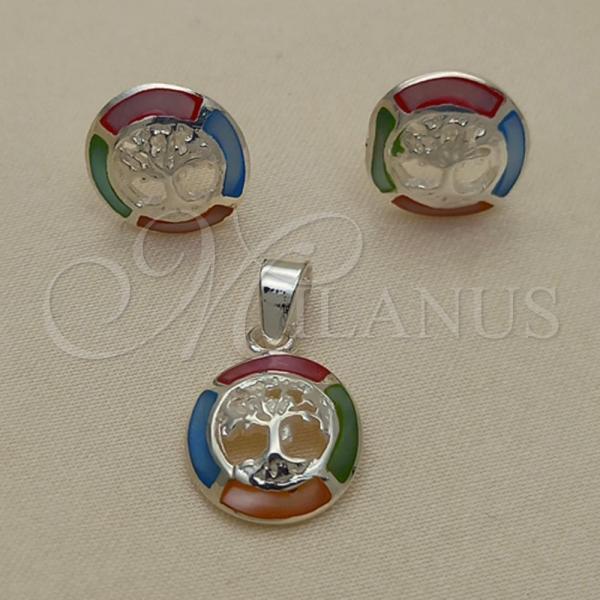 Sterling Silver Earring and Pendant Adult Set, Tree Design, with Multicolor Mother of Pearl, Polished, Silver Finish, 10.399.0011