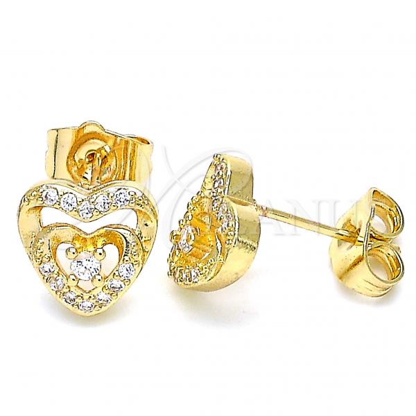 Oro Laminado Stud Earring, Gold Filled Style Heart Design, with White Micro Pave and White Cubic Zirconia, Polished, Golden Finish, 02.233.0047