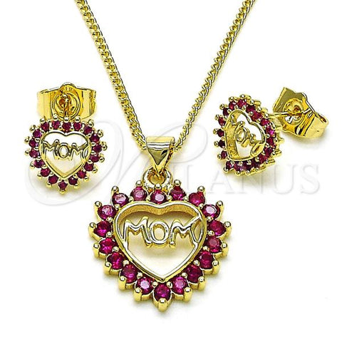 Oro Laminado Earring and Pendant Adult Set, Gold Filled Style Mom and Heart Design, with Ruby Cubic Zirconia, Polished, Golden Finish, 10.156.0416.2