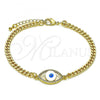 Oro Laminado Fancy Bracelet, Gold Filled Style Evil Eye Design, with White Micro Pave, White Enamel Finish, Golden Finish, 03.368.0071.08