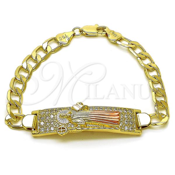 Oro Laminado ID Bracelet, Gold Filled Style San Benito and Curb Design, with White Cubic Zirconia, Polished, Tricolor, 03.411.0056.1.08