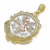 Oro Laminado Religious Pendant, Gold Filled Style Centenario Coin and Angel Design, Polished, Tricolor, 05.351.0055.1