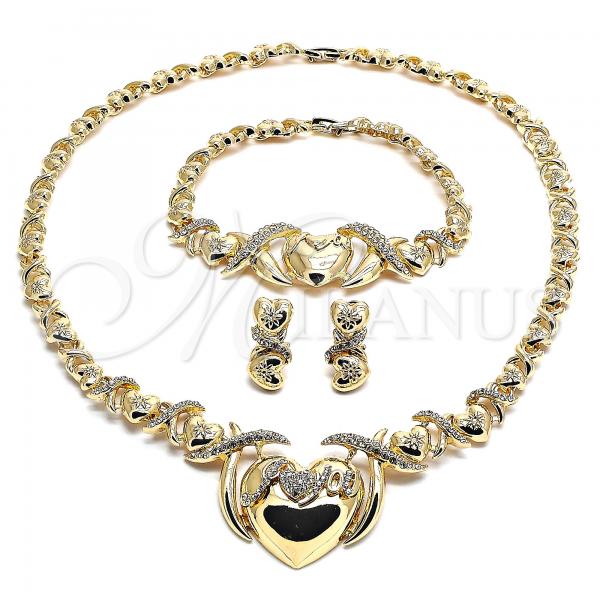 Oro Laminado Necklace, Bracelet and Earring, Gold Filled Style Hugs and Kisses and Heart Design, with White Crystal, Polished, Golden Finish, 06.372.0019