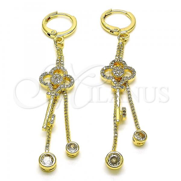 Oro Laminado Long Earring, Gold Filled Style key and Box Design, with White Micro Pave, Polished, Golden Finish, 02.316.0088