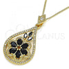 Oro Laminado Pendant Necklace, Gold Filled Style Teardrop and Flower Design, with Black and White Cubic Zirconia, Polished, Golden Finish, 04.283.0021.1.20