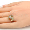 Oro Laminado Wedding Ring, Gold Filled Style Flower and Triple Design, with White Cubic Zirconia and White Micro Pave, Polished, Golden Finish, 01.99.0041.09 (Size 9)