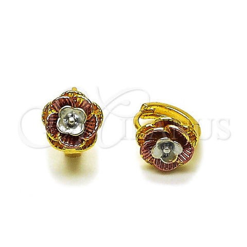 Oro Laminado Huggie Hoop, Gold Filled Style Flower Design, Diamond Cutting Finish, Tricolor, 02.156.0723.12