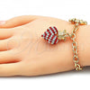 Oro Laminado Charm Bracelet, Gold Filled Style Heart and Crown Design, with Garnet and White Crystal, Polished, Golden Finish, 03.63.2211.1.08