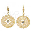 Oro Laminado Dangle Earring, Gold Filled Style Flower and Filigree Design, with White Crystal, Polished, Golden Finish, 61.001