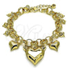 Oro Laminado Charm Bracelet, Gold Filled Style Rolo and Heart Design, with White Cubic Zirconia, Diamond Cutting Finish, Golden Finish, 03.331.0318.08