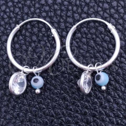 Sterling Silver Small Hoop, Evil Eye Design, with White Crystal and Aqua Blue Cubic Zirconia, Polished, Silver Finish, 02.401.0032.15
