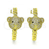 Oro Laminado Stud Earring, Gold Filled Style Teddy Bear Design, with White and Black Micro Pave, Polished, Golden Finish, 02.341.0127
