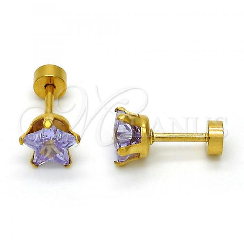 Stainless Steel Stud Earring, Star Design, with Lavender Cubic Zirconia, Polished, Golden Finish, 02.271.0006.9
