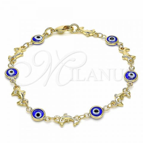 Oro Laminado Fancy Bracelet, Gold Filled Style Evil Eye and Dolphin Design, Blue Resin Finish, Golden Finish, 03.326.0009.2.08