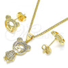 Oro Laminado Earring and Pendant Adult Set, Gold Filled Style Teddy Bear Design, with White Micro Pave, Polished, Golden Finish, 10.156.0234