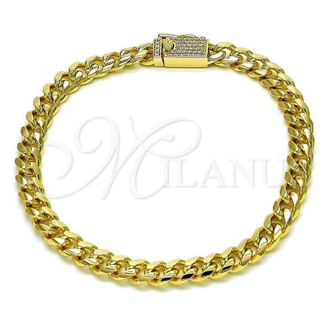Oro Laminado Basic Bracelet, Gold Filled Style Miami Cuban Design, with White Micro Pave, Polished, Golden Finish, 03.213.0240.08