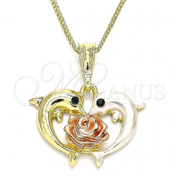 Oro Laminado Pendant Necklace, Gold Filled Style Dolphin and Flower Design, with Black Crystal, Polished, Tricolor, 04.380.0030.20