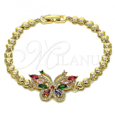 Oro Laminado Fancy Bracelet, Gold Filled Style Butterfly and Heart Design, with Multicolor Cubic Zirconia and White Micro Pave, Polished, Golden Finish, 03.283.0188.1.08
