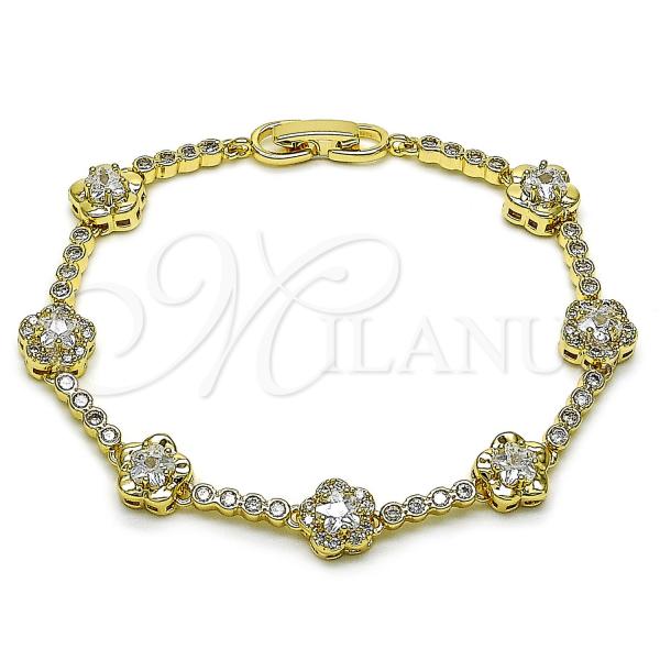 Oro Laminado Fancy Bracelet, Gold Filled Style Flower Design, with White Cubic Zirconia, Polished, Golden Finish, 03.283.0443.07