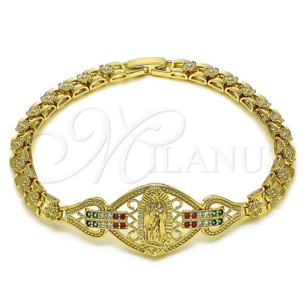 Oro Laminado Fancy Bracelet, Gold Filled Style Guadalupe and Flower Design, with Multicolor Cubic Zirconia, Polished, Golden Finish, 03.283.0402.07