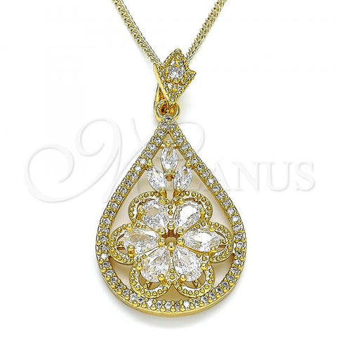 Oro Laminado Pendant Necklace, Gold Filled Style Teardrop and Flower Design, with White Cubic Zirconia, Polished, Golden Finish, 04.283.0021.20