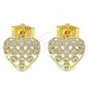 Oro Laminado Stud Earring, Gold Filled Style Heart Design, with White Micro Pave, Polished, Golden Finish, 02.156.0485