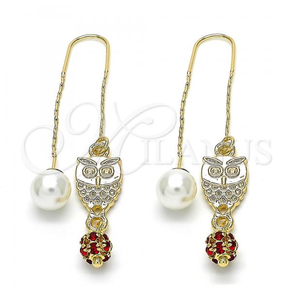 Oro Laminado Threader Earring, Gold Filled Style Owl Design, with Garnet Crystal, Polished, Golden Finish, 02.63.2692