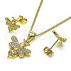 Oro Laminado Earring and Pendant Adult Set, Gold Filled Style Bee Design, with White Micro Pave, Polished, Golden Finish, 10.342.0120