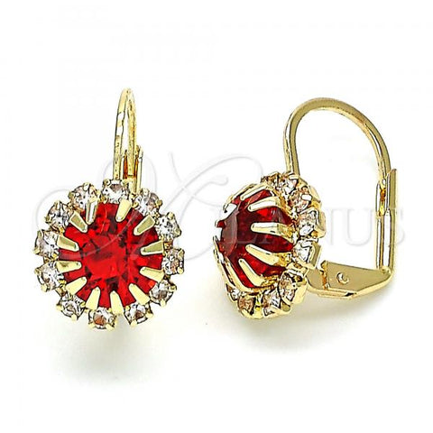 Oro Laminado Leverback Earring, Gold Filled Style with Garnet and White Cubic Zirconia, Polished, Golden Finish, 5.125.008