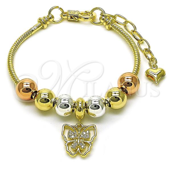 Oro Laminado Fancy Bracelet, Gold Filled Style Butterfly and Rat Tail Design, with White Cubic Zirconia, Polished, Tricolor, 03.411.0069.07