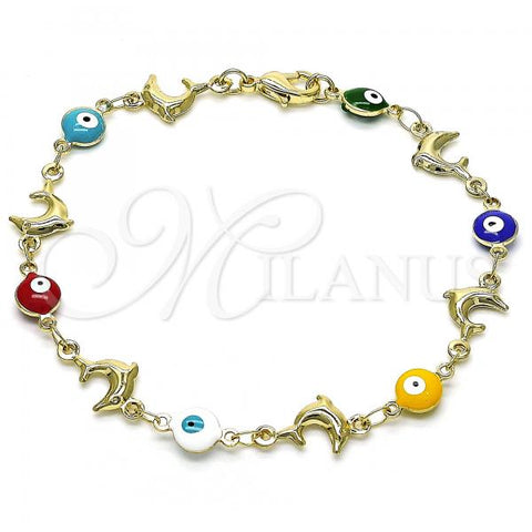 Oro Laminado Fancy Bracelet, Gold Filled Style Dolphin and Evil Eye Design, Multicolor Enamel Finish, Golden Finish, 03.351.0143.08