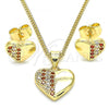 Oro Laminado Earring and Pendant Adult Set, Gold Filled Style Heart Design, with Garnet and White Micro Pave, Polished, Golden Finish, 10.156.0292.1