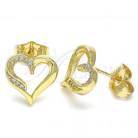 Oro Laminado Stud Earring, Gold Filled Style Heart Design, with White Micro Pave, Polished, Golden Finish, 02.156.0486