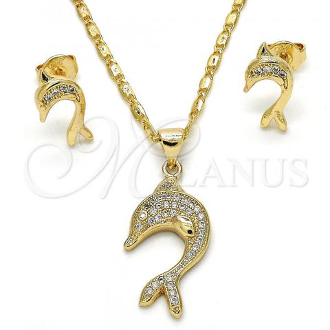 Oro Laminado Earring and Pendant Adult Set, Gold Filled Style Dolphin Design, with White Micro Pave, Polished, Golden Finish, 10.156.0145