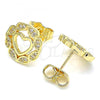 Oro Laminado Stud Earring, Gold Filled Style Heart Design, with White Micro Pave, Polished, Golden Finish, 02.156.0527