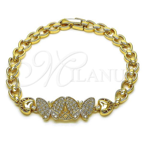 Oro Laminado Fancy Bracelet, Gold Filled Style Butterfly and Heart Design, with White Cubic Zirconia, Polished, Golden Finish, 03.283.0425.07