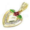 Oro Laminado Fancy Pendant, Gold Filled Style Heart and Flower Design, with White Crystal, Polished, Golden Finish, 05.351.0086