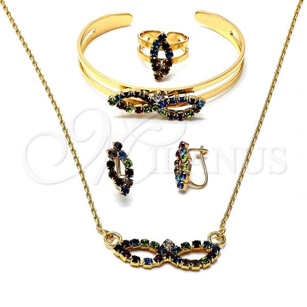 Oro Laminado Necklace, Bracelet, Earring and Ring, Gold Filled Style Infinite Design, with Multicolor Cubic Zirconia, Polished, Golden Finish, 06.165.0008