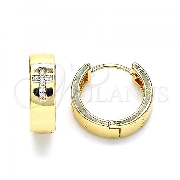 Oro Laminado Huggie Hoop, Gold Filled Style Cross Design, with White Micro Pave, Polished, Golden Finish, 02.195.0148.15